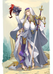 Rule 34 | 10s, 1girl, baschyf, blonde hair, breasts, cape, covered erect nipples, dress, full body, goblin slayer!, headdress, helmet, high heels, highres, hip vent, holding, holding helmet, holding sword, holding weapon, jewelry, large breasts, leaning forward, legs, long hair, long sleeves, necklace, outdoors, parted lips, pelvic curtain, pillar, ruins, solo, standing, sword, sword maiden, weapon, white cape, white dress, yellow eyes