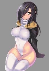 Rule 34 | 10s, 1girl, black hair, black jacket, brown eyes, covered navel, emperor penguin (kemono friends), grey background, hair over one eye, headphones, hevn, highleg, highleg leotard, jacket, kemono friends, leotard, long hair, looking at viewer, multicolored hair, open clothes, sitting, solo, thighhighs, white leotard, white thighhighs