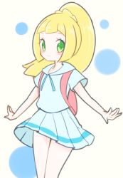 Rule 34 | 1girl, blonde hair, chorimokki, closed mouth, creatures (company), game freak, green eyes, lillie (pokemon), long hair, looking at viewer, nintendo, pokemon, pokemon sm, simple background, skirt, smile, solo, white background