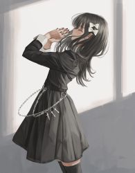 Rule 34 | 1girl, absurdres, belt, black dress, black hair, black nails, blush, bow, chain, closed eyes, closed mouth, cross, cuffs, dress, ear piercing, earrings, facing to the side, gishiki (gshk), hair bow, highres, jewelry, leaning back, long hair, multiple rings, nail polish, original, own hands clasped, own hands together, piercing, praying, ring, thighhighs, white bow, window, zettai ryouiki