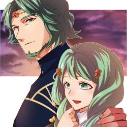 Rule 34 | 1boy, 1girl, bad id, bad pixiv id, beard, brother and sister, circlet, cloud, drill hair, facial hair, family, fire emblem, fire emblem: three houses, flayn (fire emblem), green eyes, green hair, hair ornament, hairclip, highres, long hair, matching hair/eyes, nintendo, open mouth, seteth (fire emblem), siblings, sky, user hyxw5847, white background