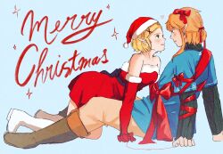 Rule 34 | 1boy, 1girl, all fours, alternate costume, arm support, bare shoulders, between legs, blonde hair, blue eyes, blush, breasts, brown hair, christmas, couple, crawling, dress, earrings, elf, eye contact, face-to-face, gloves, green eyes, grin, hat, hetero, highres, jewelry, light blue background, link, looking at another, medium breasts, merry christmas, neck, nintendo, open mouth, pointy ears, princess zelda, red dress, ribbon, santa costume, santa dress, santa hat, short dress, short hair, simple background, sitting, smile, strapless, strapless dress, the legend of zelda, the legend of zelda: tears of the kingdom, tunic