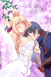 Rule 34 | 1boy, 1girl, armpits, bdsm, blonde hair, blue hair, bondage, bound, bound wrists, breasts, cleavage, closed eyes, couple, dress, face, lips, long hair, macross, macross frontier, medium breasts, nuzzle, patoto, plant, ponytail, saotome alto, sheryl nome, veil, vines