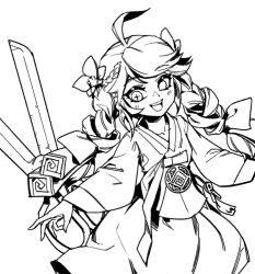 Rule 34 | 1girl, :d, ahoge, alternate costume, blush, braid, collarbone, commentary, drill hair, flower, greyscale, gwen (league of legends), hair flower, hair ornament, japanese clothes, kimono, league of legends, long hair, long sleeves, monochrome, open mouth, oversized object, phantom ix row, scissors, smile, solo, symbol-only commentary, teeth, twin drills, twintails, upper teeth only, wide sleeves