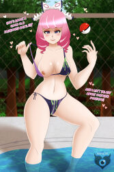 Rule 34 | 1girl, absurdres, bikini, blush, breasts, bush, cleavage, creatures (company), female focus, forest, game freak, heart, heart-shaped pupils, highres, klara (pokemon), large breasts, looking at another, looking at viewer, nail polish, nature, naughty face, navel, nintendo, nipples, one breast out, pink hair, pink nails, poke ball, poke ball (basic), pokemon, pokemon swsh, presenting, purple eyes, senpailove, side-tie bikini bottom, sky, solo, standing, swimsuit, symbol-shaped pupils, tree, undressing, water, wide hips