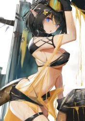 Rule 34 | 1girl, arknights, arm up, bandeau, black gloves, black hair, blue eyes, breasts, cleavage, commentary request, cowboy shot, eunectes (arknights), eyyy, gloves, goggles, goggles on head, head tilt, highres, medium breasts, midriff, navel, parted lips, short hair, solo, standing, stomach, strapless, tail, thigh strap, thighs, tube top