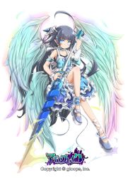 Rule 34 | 1girl, ahoge, akino coto, ankle garter, arm garter, asymmetrical clothes, black hair, blue eyes, detached sleeves, frills, full body, hair ornament, highres, lance, long hair, looking at viewer, md5 mismatch, multicolored wings, official art, original, pointy ears, polearm, resolution mismatch, single detached sleeve, solo, source larger, transparent background, weapon, wings