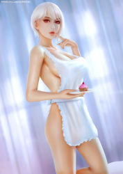 Rule 34 | 1girl, apron, bare arms, bare shoulders, breasts, cowboy shot, cupcake, curtains, dutch angle, food, holding, holding plate, indoors, looking at viewer, medium breasts, naked apron, nakiri alice, nose, parted lips, plate, red eyes, shokugeki no souma, short hair, solo, standing, white apron, white hair, yupachu