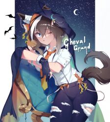 Rule 34 | 1girl, alternate costume, animal ears, bat (animal), black pants, blue eyes, bracelet, breasts, brown hair, chair, character name, cheval grand (umamusume), cloak, crescent moon, gloves, halloween costume, highres, hood, hooded cloak, horse ears, horse girl, horse tail, jewelry, looking at viewer, moon, multicolored hair, necktie, one eye closed, open mouth, orange necktie, pants, partially fingerless gloves, renma (renma 0503), shirt, shirt tucked in, short hair, short sleeves, single glove, sitting sideways, small breasts, solo, star (sky), streaked hair, tail, torn clothes, torn pants, twitter username, umamusume, watermark, white shirt