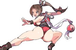 Rule 34 | 1girl, ass, breasts, enpe, fatal fury, high ponytail, highres, large breasts, long hair, ninja, ponytail, shiranui mai, simple background, snk, solo, the king of fighters, thong, white background