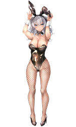 Rule 34 | 1girl, alternate costume, animal ears, areola slip, arms up, black footwear, black leotard, blue eyes, blush, breasts, cleavage, closed mouth, detached collar, fake animal ears, female focus, fishnet pantyhose, fishnets, full body, hair between eyes, high heels, highres, kantai collection, kashima (kancolle), large breasts, leotard, looking at viewer, pantyhose, playboy bunny, rabbit ears, silver hair, simple background, smile, solo, tororo ten, twintails, wavy hair, white background, wrist cuffs