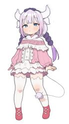 Rule 34 | 1girl, absurdres, beads, blue eyes, blush, bow, bow hairband, capelet, center frills, closed mouth, commentary request, dragon girl, dragon horns, dragon tail, dress, frills, full body, gradient hair, hair beads, hair bow, hair ornament, hairband, highres, horns, kanna kamui, kobayashi-san chi no maidragon, long hair, long sleeves, low twintails, multicolored hair, opossumachine, purple bow, purple hair, red footwear, shoes, short dress, simple background, solo, tail, thighhighs, twintails, white background, white thighhighs