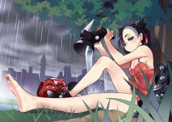 Rule 34 | 1girl, ankle boots, backpack, bag, barefoot, black footwear, black hair, black jacket, blush, boots, breasts, cleavage, closed mouth, cloud, cloudy sky, commentary request, creatures (company), dress, eyelashes, feet, game freak, grass, green eyes, hair ribbon, high heel boots, high heels, highres, holding, holding shoes, jacket, knee up, marnie (pokemon), nintendo, outdoors, pokemon, pokemon swsh, pouring, rain, ribbon, shoes, single shoe, sitting, sky, soles, solo, tm (hanamakisan), toes, tree, unworn backpack, unworn bag, unworn boots, unworn jacket, water, water in boots, wet