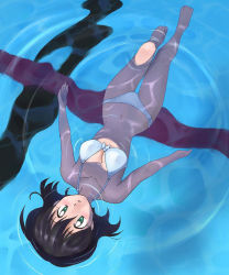 Rule 34 | 1girl, afloat, barefoot, bikini, black hair, breasts, cleavage, commentary request, front-tie top, green eyes, large breasts, masuki, navel, original, pool, ripples, short hair, solo, swimming, swimsuit, upside-down, water, white bikini