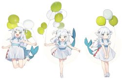 Rule 34 | 1girl, absurdres, balloon, blue eyes, blue hair, blue sash, chinese commentary, denpa noise, dress, fins, fish tail, full body, gawr gura, highres, holding, holding balloon, hololive, hololive english, jumping, long hair, mary janes, multicolored hair, no legwear, open mouth, puffy short sleeves, puffy sleeves, sash, shark tail, sharp teeth, shoes, short sleeves, simple background, smile, standing, streaked hair, tail, teeth, two side up, virtual youtuber, white background, white dress, white footwear, white hair