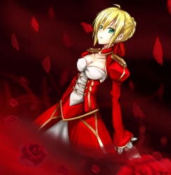 Rule 34 | 10s, 1girl, ahoge, bad id, bad pixiv id, blonde hair, dress, fate/extra, fate/stay night, fate (series), flower, green eyes, nero claudius (fate), nero claudius (fate), nero claudius (fate/extra), short hair, smile, solo, whiisky
