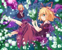 Rule 34 | 1girl, amagase lyle, barefoot, blonde hair, fairy wings, flower, green eyes, hair ribbon, lily of the valley, long hair, looking at viewer, medicine melancholy, poison, ribbon, shaded face, shirt, sitting, skirt, skirt set, su-san, touhou, very long hair, wings
