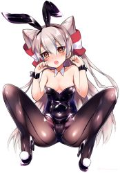 Rule 34 | 10s, 1girl, :o, amatsukaze (kancolle), animal ears, bare shoulders, black footwear, black pantyhose, blush, breasts, cameltoe, cleavage, detached collar, fake animal ears, hairband, high heels, kantai collection, leotard, long hair, orange eyes, pantyhose, playboy bunny, rabbit ears, sakurayume kome, shoes, silver hair, simple background, sitting, small breasts, solo, spread legs, very long hair, white background, wrist cuffs