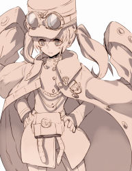 Rule 34 | 1girl, belt, belt pouch, coat, cowboy shot, goggles, goggles on headwear, hands on own hips, hat, jacket, jacket on shoulders, military, military uniform, monochrome, original, parted lips, pouch, shako cap, shiromiso, simple background, solo, twintails, uniform, white background