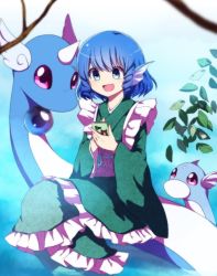 Rule 34 | 1girl, :d, bad id, bad twitter id, blue eyes, blue hair, blurry, cellphone, creatures (company), crossover, depth of field, dragonair, dratini, drill hair, fins, fish tail, game freak, gen 1 pokemon, head fins, horns, japanese clothes, kimono, long sleeves, mermaid, monster girl, nintendo, obi, open mouth, orb, phone, pokemon, pokemon (creature), sash, short hair, single horn, smartphone, smile, tail, touhou, wakasagihime, wide sleeves, you (noanoamoemoe)