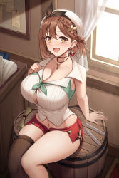 Rule 34 | 1girl, absurdres, atelier (series), atelier ryza, atelier ryza 2, blouse, blush, braid, breasts, brown eyes, brown hair, brown thighhighs, collared shirt, hat, highres, jewelry, kannko bokujou, key, key necklace, large breasts, looking at viewer, necklace, reisalin stout, shirt, short hair, short shorts, shorts, side braid, thighhighs, thighs, white hat, white shirt
