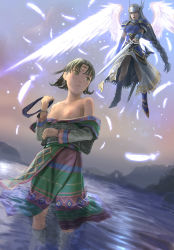 Rule 34 | 2girls, ainu clothes, artist request, blouse, braid, breasts, floating, highres, japanese clothes, lenneth valkyrie, long hair, multiple girls, nipples, open clothes, open shirt, partially submerged, pointing melee weapon, pointing sword, shirt, single braid, sword, traditional clothes, valkyrie profile (series), very long hair, wading, water, weapon, wings, yumei, yumei (valkyrie profile), yumei (vp)