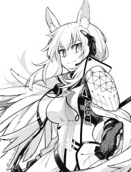 Rule 34 | 1girl, animal ear fluff, animal ears, arknights, armor, breasts, character name, clothes writing, commentary, greyscale, headset, highres, horse ears, implied extra ears, large breasts, long hair, looking at viewer, monochrome, nearl (arknights), nearl the radiant knight (arknights), official alternate costume, outstretched hand, pauldrons, shoulder armor, simple background, solo, twitter username, upper body, white background, wings, yom (ymayma00ss)