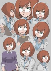 Rule 34 | 1girl, angry, annoyed, blue shirt, bob cut, breasts, clipboard, collared shirt, cropped torso, crossed arms, dr. s.r., dr. sif runarsdottir, expressions, eyebrows, facing viewer, freckles, frown, glasses, green eyes, grey background, hushabye, lab coat, looking at viewer, looking away, looking over eyewear, looking to the side, multiple views, opaque glasses, open mouth, orange hair, original, project a.d.a., purple sweater, red hair, rimless eyewear, shirt, short hair, simple background, small breasts, surprised, sweater, swept bangs, thick eyebrows, watch, wristwatch