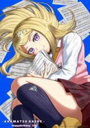 Rule 34 | 1girl, ahoge, akamatsu kaede, artist name, black socks, blonde hair, blue background, character name, closed mouth, commentary request, danganronpa (series), danganronpa v3: killing harmony, dated, english text, fortissimo, hair ornament, happy birthday, highres, kusatakesi, long hair, long sleeves, looking at viewer, lying, musical note, musical note hair ornament, necktie, orange necktie, paper, pink sweater vest, purple eyes, sheet music, shirt, shoes, simple background, smile, socks, solo, staff (music), sweater vest, swept bangs, twitter username, white shirt, yellow footwear