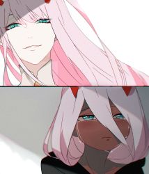 Rule 34 | 10s, aqua eyes, black cloak, cloak, colored skin, commentary request, crying, crying with eyes open, darling in the franxx, dual persona, hair between eyes, highres, horns, long hair, open mouth, oriharakrr, pink hair, red skin, smile, spoilers, tears, zero two (darling in the franxx)