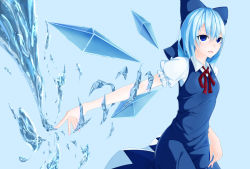 Rule 34 | 1girl, bad id, bad pixiv id, blue dress, blue eyes, blue hair, bow, cirno, cowboy shot, cryokinesis, dress, hair bow, hydrokinesis, ice, ice wings, matching hair/eyes, milaria, neck ribbon, open mouth, outstretched arm, ribbon, short hair, simple background, solo, touhou, water, wing collar, wings