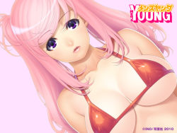 Rule 34 | 10s, 1girl, 2010, arms behind back, bikini, breasts, cleavage, collarbone, dutch angle, ino (magloid), large breasts, lipstick, long hair, looking at viewer, makeup, men&#039;s young, micro bikini, open mouth, pink hair, purple eyes, shiny clothes, simple background, skindentation, solo, string bikini, swept bangs, swimsuit, twintails, underboob, upper body
