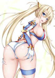 Rule 34 | 1girl, ass, ass grab, back, bare shoulders, bikini, blonde hair, blue bikini, blue eyes, blush, bradamante (fate), bradamante (third ascension) (fate), braid, breasts, commentary request, crown braid, elbow gloves, fate/grand order, fate (series), gloves, hair between eyes, hair ornament, highres, large breasts, long hair, looking at viewer, looking back, open mouth, raimosu, sideboob, simple background, solo, swimsuit, thigh strap, thighs, twintails, two-tone bikini, very long hair, white background, white bikini