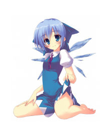 Rule 34 | 1girl, bad id, bad pixiv id, barefoot, blue eyes, blue hair, blush, bow, breasts, cirno, clothes lift, collared shirt, covered navel, dress, dress lift, feet, full body, hair bow, ice, ice wings, ite fuji, legs, looking at viewer, matching hair/eyes, navel, no panties, petite, puffy sleeves, ribbon, shirt, short hair, simple background, sitting, small breasts, smile, solo, toes, touhou, wariza, wings