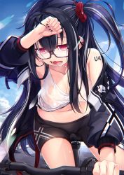 Rule 34 | 1girl, azur lane, bike shorts, black-framed eyewear, black hair, black nails, black shorts, blue sky, blush, breasts, character name, cleavage, clothes writing, cloud, collarbone, covered erect nipples, cross, day, earrings, eorx, glasses, hair between eyes, iron cross, jacket, jewelry, large breasts, long hair, mole, mole under eye, multicolored hair, nail polish, navel, no bra, one side up, open clothes, open jacket, open mouth, outdoors, red eyes, riding, semi-rimless eyewear, shirt, shorts, sidelocks, sky, solo, stomach, streaked hair, sunlight, sweat, tank top, thighs, u-47 (azur lane), u-47 (rookie rider) (azur lane), unzipped, wet, wet clothes, white hair, white shirt, wiping sweat, zipper, zipper pull tab