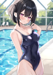 Rule 34 | 1girl, absurdres, bare arms, bare shoulders, black hair, blue one-piece swimsuit, blurry, breasts, closed mouth, commentary request, competition swimsuit, covered navel, cowboy shot, depth of field, embarrassed, highleg, highleg swimsuit, highres, looking at viewer, medium breasts, okiq, one-piece swimsuit, one side up, original, pink eyes, pool, short hair, solo, spaghetti strap, standing, strap pull, swimsuit, wavy mouth, wet