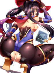 Rule 34 | 1girl, anus, ass, back, bare shoulders, black hair, black pantyhose, blue eyes, breasts, cum, cumdrip, genshin impact, hat, high heels, highres, leotard, long hair, looking at viewer, looking back, magukappu, medium breasts, mona (genshin impact), nipples, open mouth, pantyhose, purple hat, purple leotard, pussy, simple background, solo, squatting, thighs, torn clothes, torn pantyhose, twintails, very long hair, white background, witch hat
