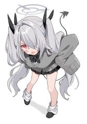 Rule 34 | 1girl, black bow, black bowtie, black tail, blue archive, bow, bowtie, cardigan, demon tail, grey cardigan, grey hair, grey halo, hair intakes, hair over one eye, halo, hands on own hips, highres, iori (blue archive), leaning forward, loafers, looking at viewer, loose socks, pigeon-toed, school uniform, sentouryoku 5, shoes, sleeves past wrists, socks, tail, twintails, white background