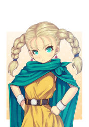 Rule 34 | 1girl, aged down, aqua eyes, belt, bianca (dq5), blonde hair, bracelet, braid, cape, child, dragon quest, dragon quest v, earrings, hands on own hips, jewelry, mahito, solo, twin braids