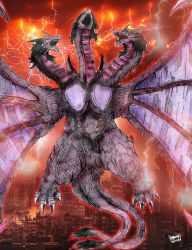 Rule 34 | avgk04, black fur, black hair, claws, dragon, dragon horns, dragon wings, fangs, godzilla (series), grey eyes, highres, horns, kaijuu, long hair, monster, multiple heads, multiple tails, no humans, no pupils, open mouth, queen ghidorah, red scales, scales, sharp teeth, tail, teeth, wings