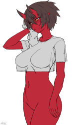 Rule 34 | 1girl, black hair, blush, breasts, cleft of venus, closed mouth, colored skin, cowboy shot, crop top, crop top overhang, cropped shirt, embarrassed, hair between eyes, hand up, holding, holding towel, horns, kidouko (zakusi), large breasts, oni, oni horns, orange eyes, original, pointy ears, pussy, red oni, red skin, shirt, short hair, short sleeves, signature, simple background, solo, standing, towel, white background, white shirt, zakusi