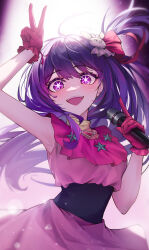 Rule 34 | 1girl, absurdres, belt, black belt, blush, bow, commentary, dress, firehippo, frilled dress, frilled gloves, frills, gloves, hair ornament, highres, holding, holding microphone, hoshino ai (oshi no ko), idol, index finger raised, long hair, microphone, one side up, open mouth, oshi no ko, pink bow, pink dress, pink gloves, pink ribbon, purple eyes, purple hair, rabbit hair ornament, ribbon, smile, solo, star-shaped pupils, star (symbol), symbol-shaped pupils, teeth, turtleneck, turtleneck dress, v