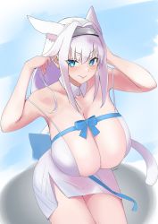 Rule 34 | 1girl, absurdres, animal ear fluff, animal ears, bare shoulders, blue bow, blue eyes, blue ribbon, blush, bow, breasts, cat ears, cat girl, cat tail, cleavage, collarbone, detached collar, dobrynya nikitich (fate), dress, fate/grand order, fate (series), hair bow, hairband, highres, huge breasts, kasumi saika, large breasts, long hair, looking at viewer, low ponytail, ribbon, short dress, smile, solo, tail, thighs, white dress, white hair