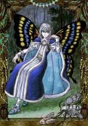 Rule 34 | 1boy, ant, arm rest, beetle, belt, belt buckle, blue cape, blue robe, border, buckle, bug, butterfly wings, cape, centipede, chinese commentary, closed mouth, collar chain (jewelry), commentary request, crown, fate/grand order, fate (series), forest, frown, fur-trimmed cape, fur trim, grass, grey eyes, grey hair, hand up, highres, hskdpxosysblalsh, insect, insect wings, invisible chair, juliet sleeves, long sleeves, looking at viewer, male focus, medium hair, moth, nature, oberon (fate), ornate border, painterly, plant, puffy sleeves, robe, sitting, sleeve cuffs, solo, vines, white belt, white robe, wings
