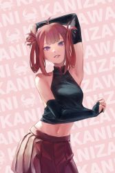 Rule 34 | 1girl, absurdres, atelier live, breasts, character name, clothes pull, crop top, elbow gloves, fingerless gloves, gloves, hair rings, highres, hyde (tabakko), kani kanizawa, leaning to the side, looking at viewer, navel, parted lips, purple eyes, red hair, red skirt, skirt, small breasts, smile, solo, virtual youtuber
