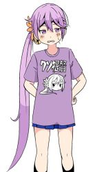 Rule 34 | &gt;:&lt;, 10s, 1girl, :&lt;, akebono (kancolle), arm behind back, bell, blush, closed mouth, clothes writing, commentary request, embarrassed, flower, hair bell, hair flower, hair ornament, hand on own hip, hands on own hips, kantai collection, long hair, open mouth, purple eyes, purple hair, purple shirt, shino (ponjiyuusu), shirt, side ponytail, simple background, skirt, solo, t-shirt, translation request, v-shaped eyebrows, very long hair