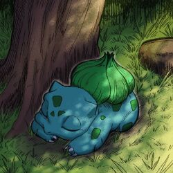 Rule 34 | animal focus, bulbasaur, chuurencouto, claws, closed eyes, creatures (company), game freak, gen 1 pokemon, mixed-language commentary, nintendo, no humans, nostrils, on grass, outdoors, pokemon, pokemon (creature), rock, sleeping, tree, under tree