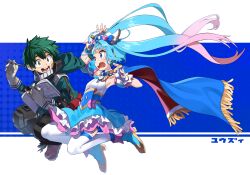Rule 34 | :d, arm up, armpits, blue background, blue eyes, blue footwear, blue hair, blue skirt, boku no hero academia, crossover, cure sky, detached sleeves, eyebrows hidden by hair, fingerless gloves, floating hair, frilled skirt, frills, fringe trim, gloves, gradient hair, green eyes, green hair, green jumpsuit, grey gloves, halftone, halftone background, hand up, high heels, highres, hirogaru sky! precure, holding, holding pencil, jumpsuit, long hair, midoriya izuku, multicolored hair, open mouth, pencil, pink hair, precure, puffy short sleeves, puffy sleeves, red footwear, shirt, short sleeves, skirt, sleeveless, sleeveless shirt, smile, thighhighs, twintails, two-tone background, very long hair, wavy mouth, white background, white gloves, white shirt, white thighhighs, yuuzii