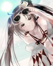 Rule 34 | 1girl, absurdres, asa (1asa-0-asa1), bad id, bad pixiv id, bare shoulders, beach, bikini, blue sky, breasts, brown eyes, brown hair, cleavage, collarbone, earrings, eyewear on head, fate/grand order, fate (series), hair ornament, highres, jewelry, leaning forward, long hair, medium breasts, multiple earrings, open clothes, robe, sky, smile, solo, sun, sunglasses, sunlight, swimsuit, twintails, very long hair, white bikini, yu mei-ren (fate), yu mei-ren (swimsuit lancer) (fate)