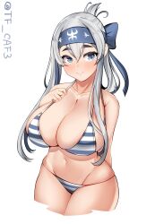 Rule 34 | 1girl, absurdres, bikini, blue bikini, blue eyes, blue headband, breasts, cleavage, cropped legs, folded ponytail, gradient hair, groin, headband, highres, kamoi (kancolle), kantai collection, large breasts, lowleg, lowleg bikini, multicolored hair, one-hour drawing challenge, sidelocks, simple background, smile, solo, striped bikini, striped clothes, swimsuit, tf cafe, twitter username, white background